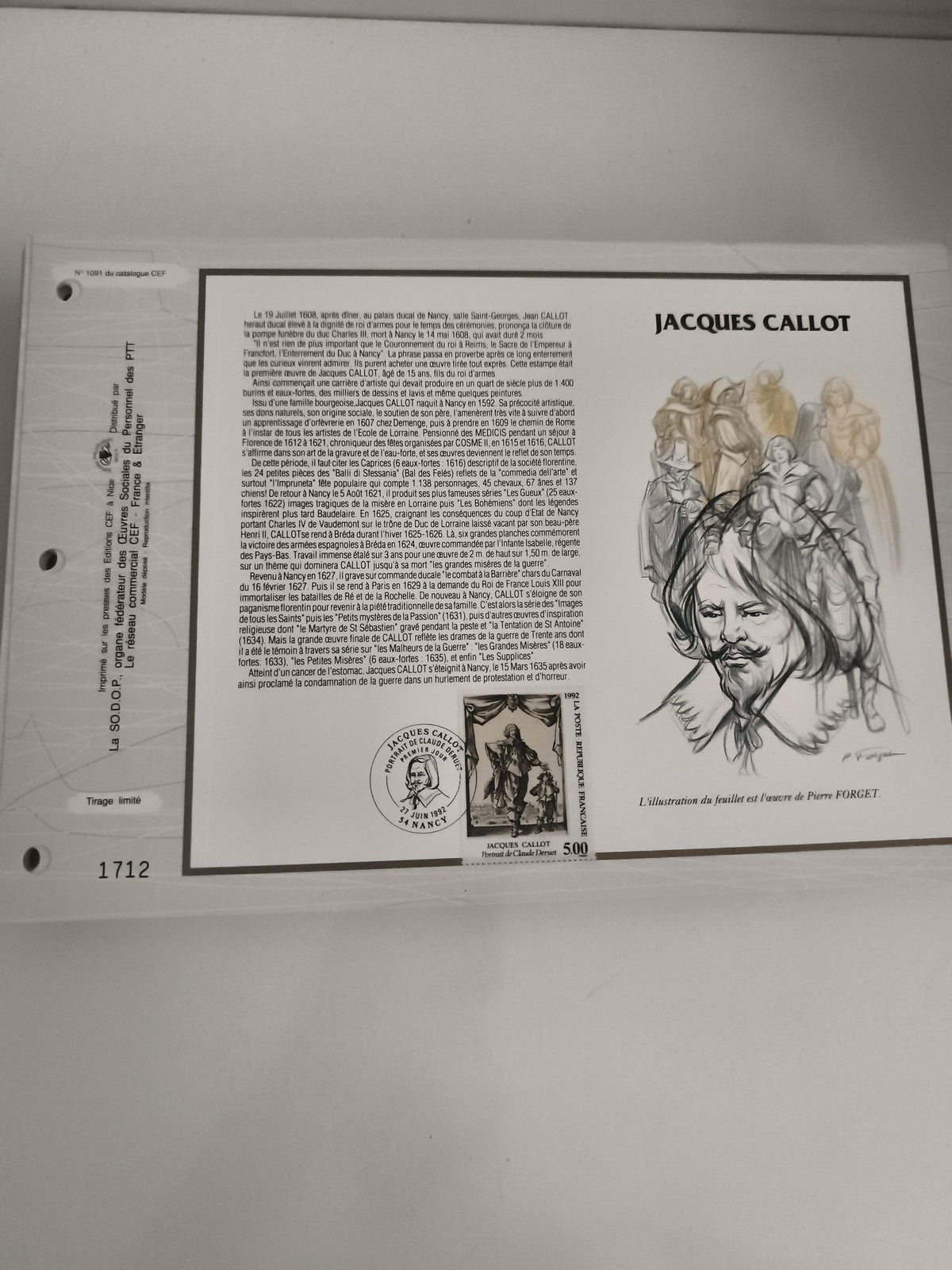 Feuillet CEF Jacques Callot 1992 timbre 500F illustration Pierre Forget philatél