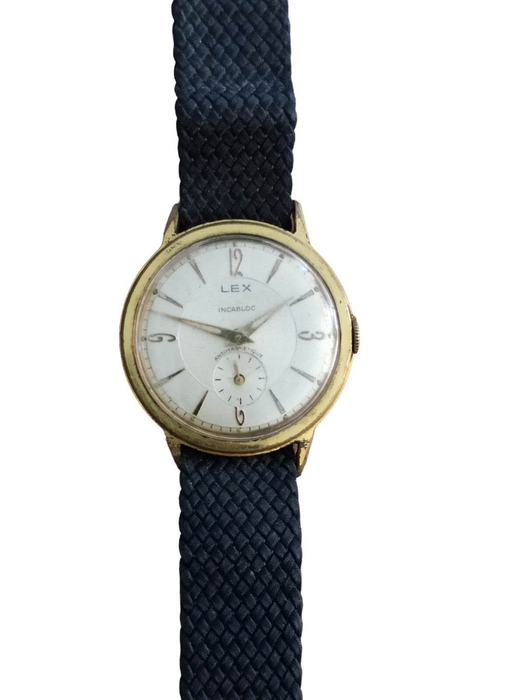 Montre vintage LEX Incabloc automatique cadran blanc, bracelet tressé bleu