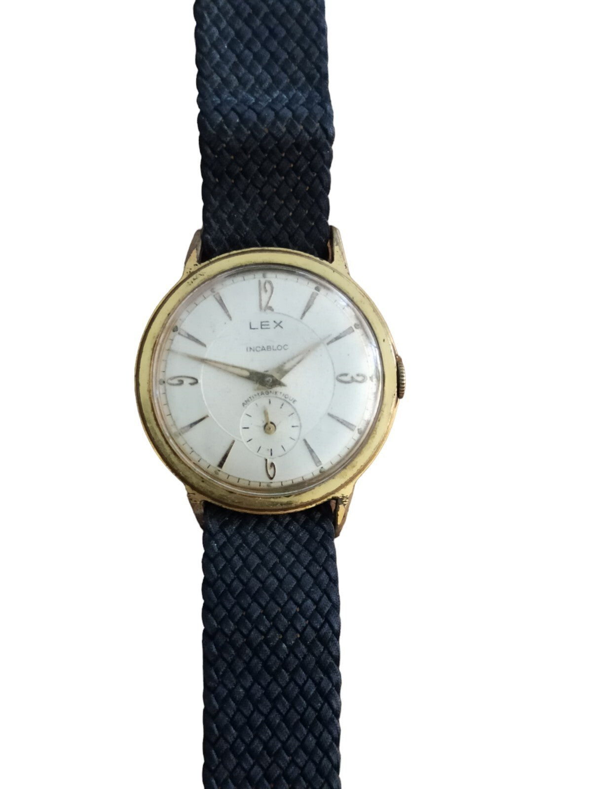 Montre vintage LEX Incabloc automatique cadran blanc, bracelet tressé bleu