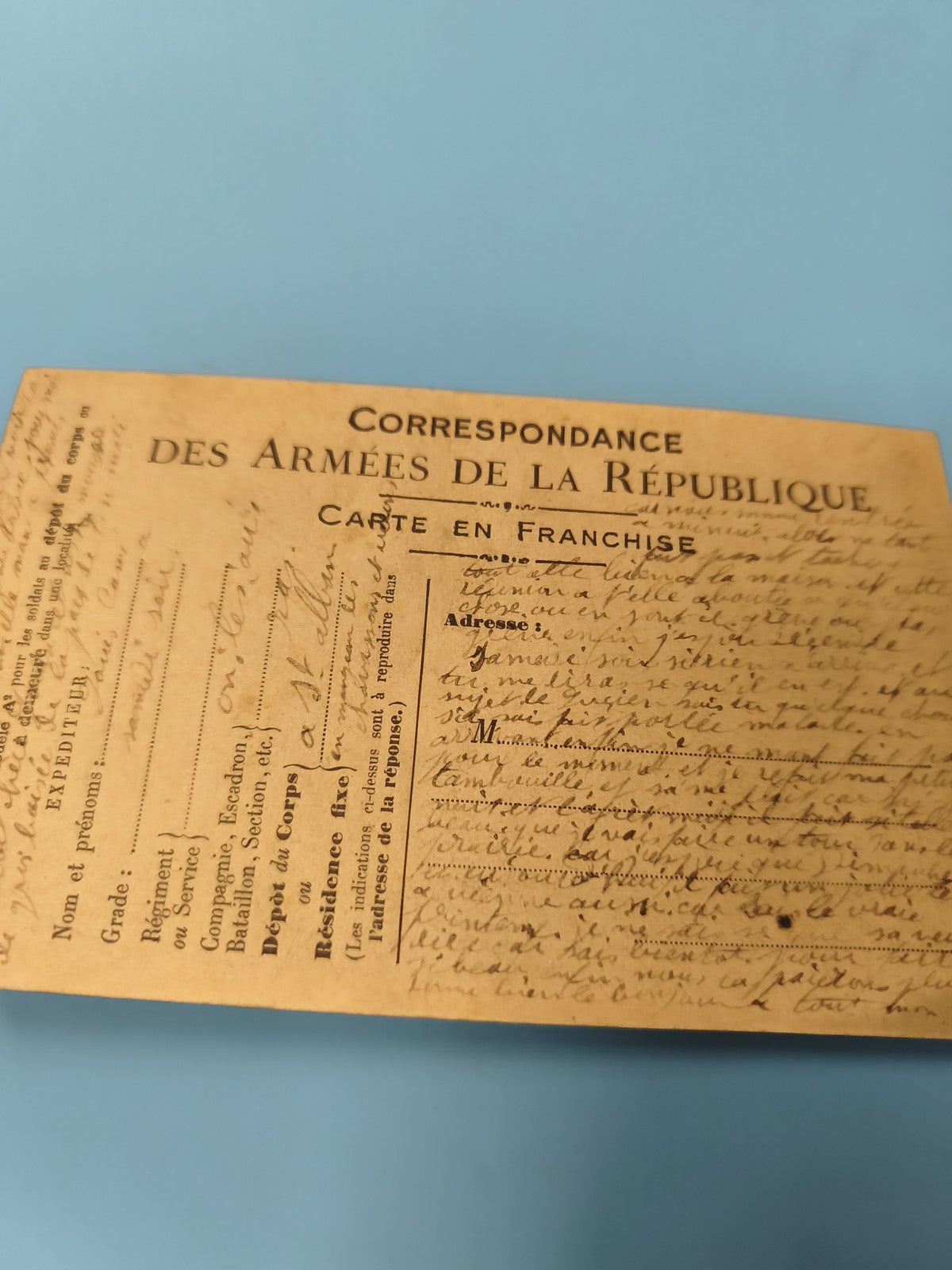 Ancienne carte postale militaire Armées de la République manuscrite vintage