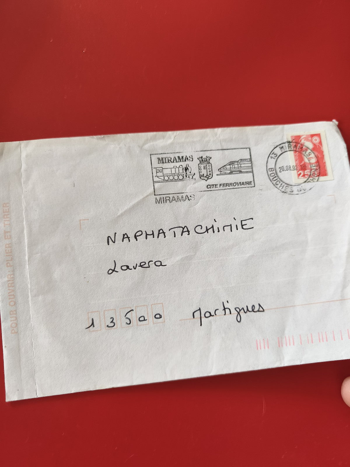 Enveloppe philatélie oblitérée Miramas 25c, cachet ferroviaire, écriture manuscr