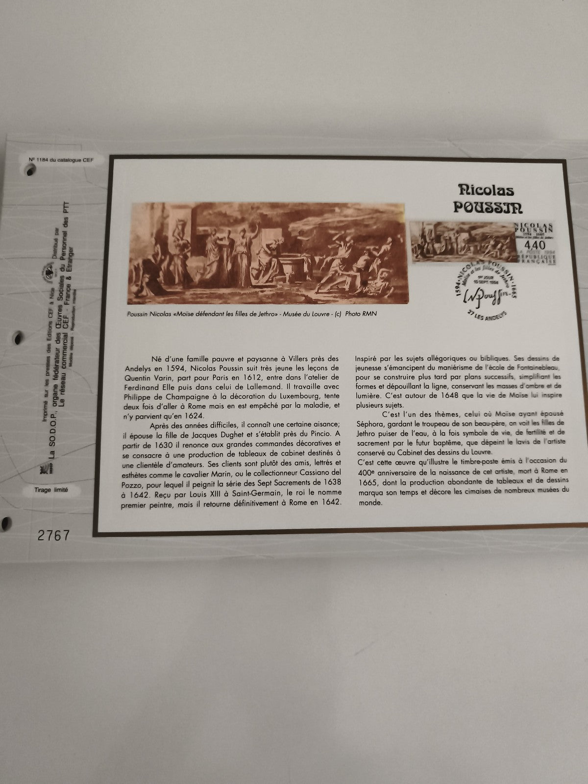 Feuillet CEF Nicolas Poussin Moïse 440 FDC philatélie timbre France
