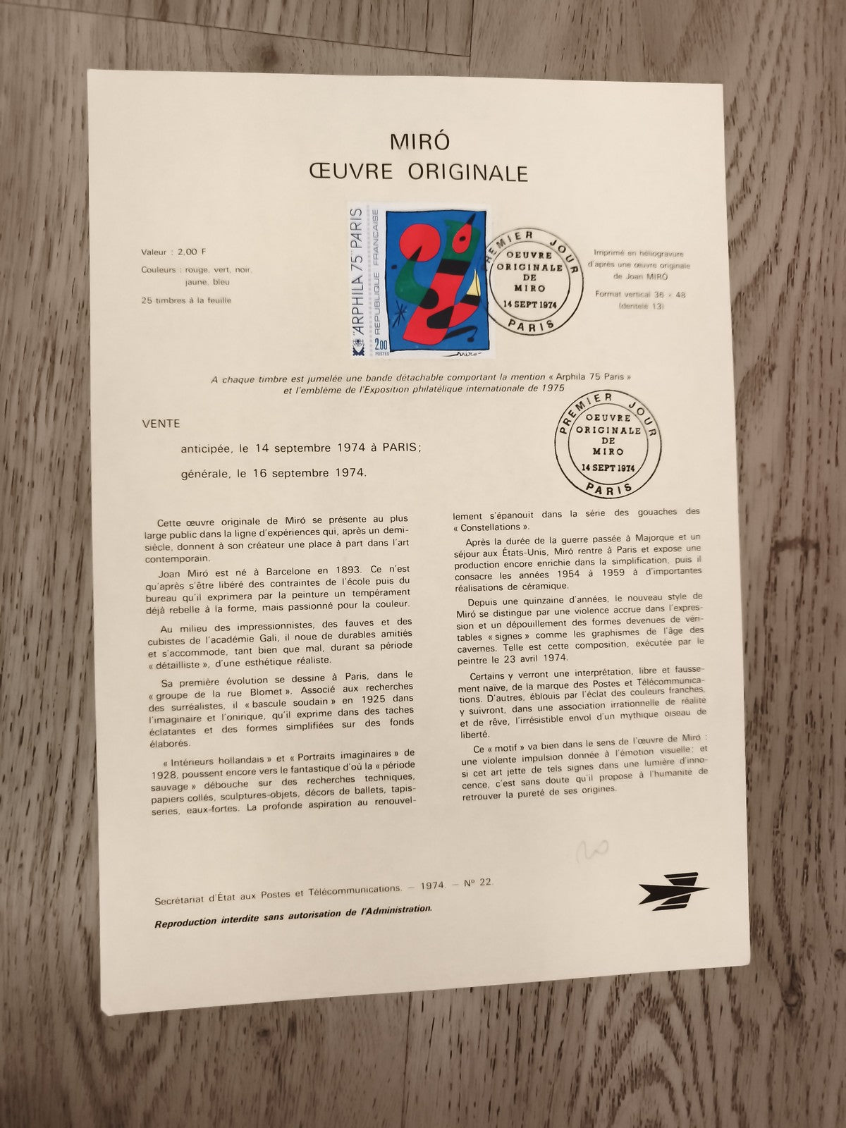 Feuillet philatélique MIRÓ œuvre originale 1974 Paris Art timbre 2F exposition