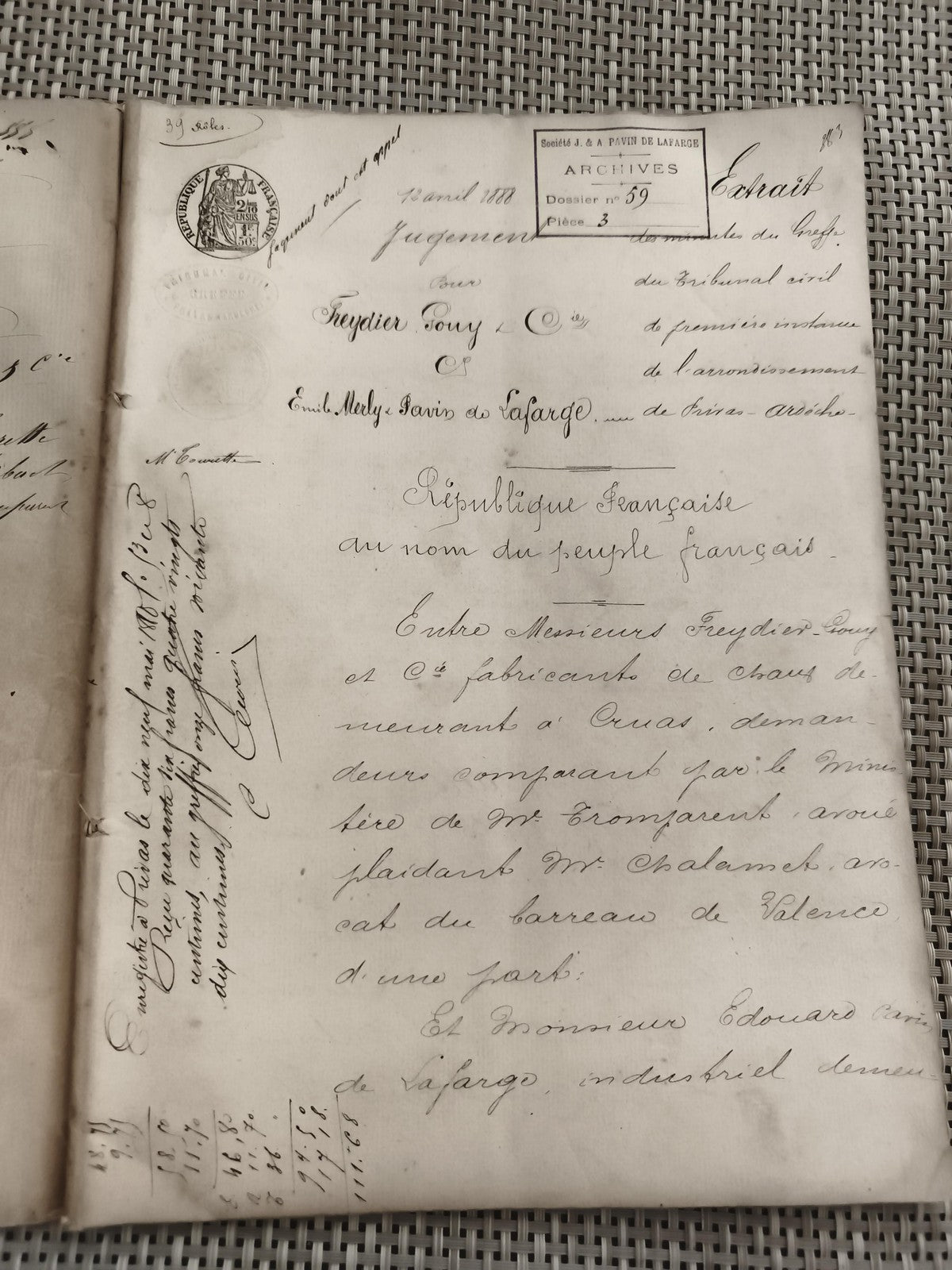 Ancien document manuscrit jugement 19e siècle Lafarge archives justice