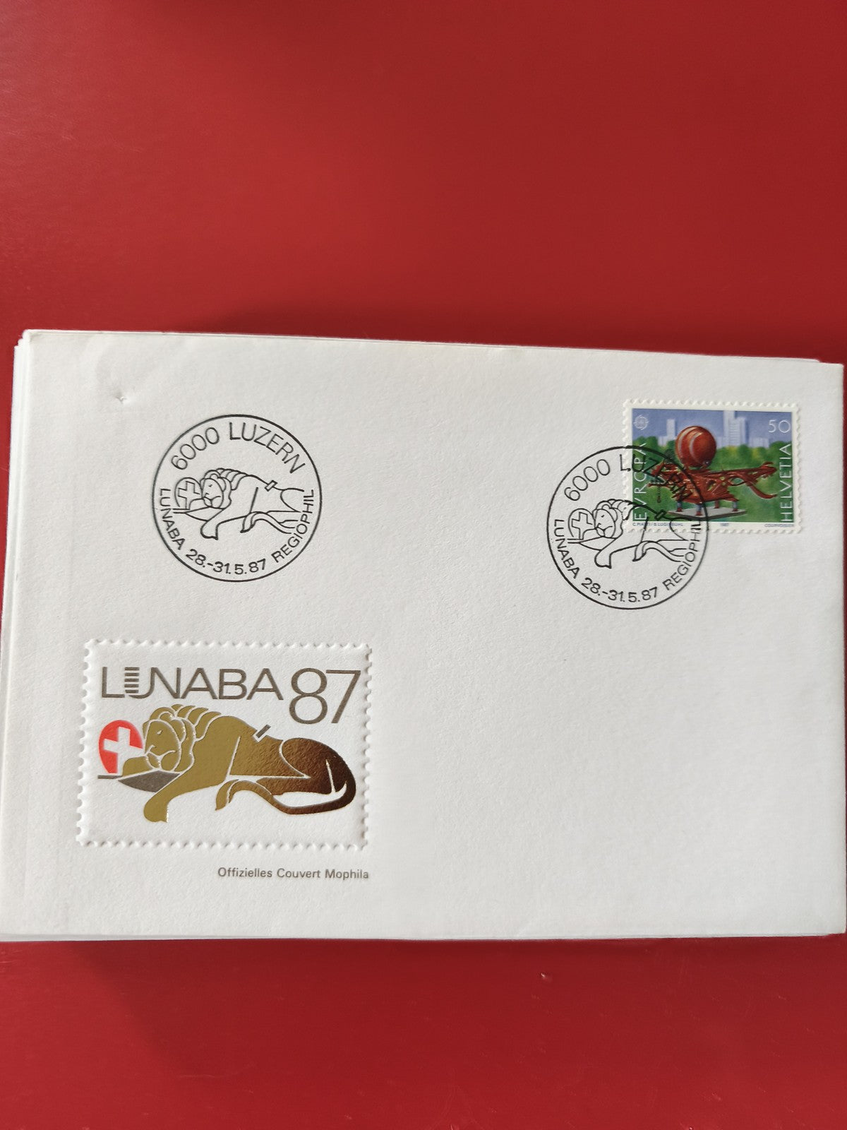 Enveloppe philatélie LUNABA 87 Lucerne avec timbres et cachets Helvetia