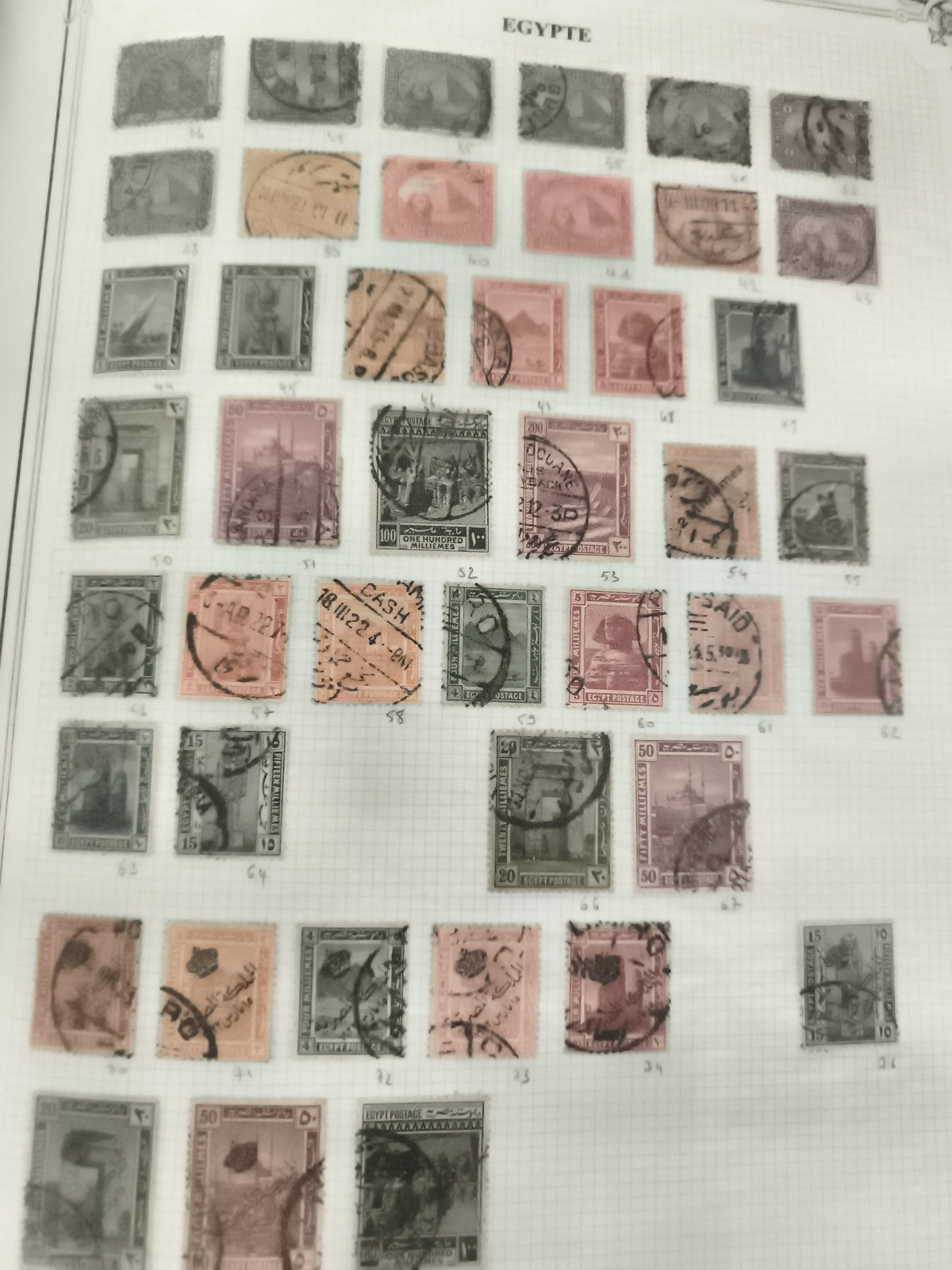 Timbres Égypte anciens oblitérés, lot philatélie, motifs Sphinx Pyramide