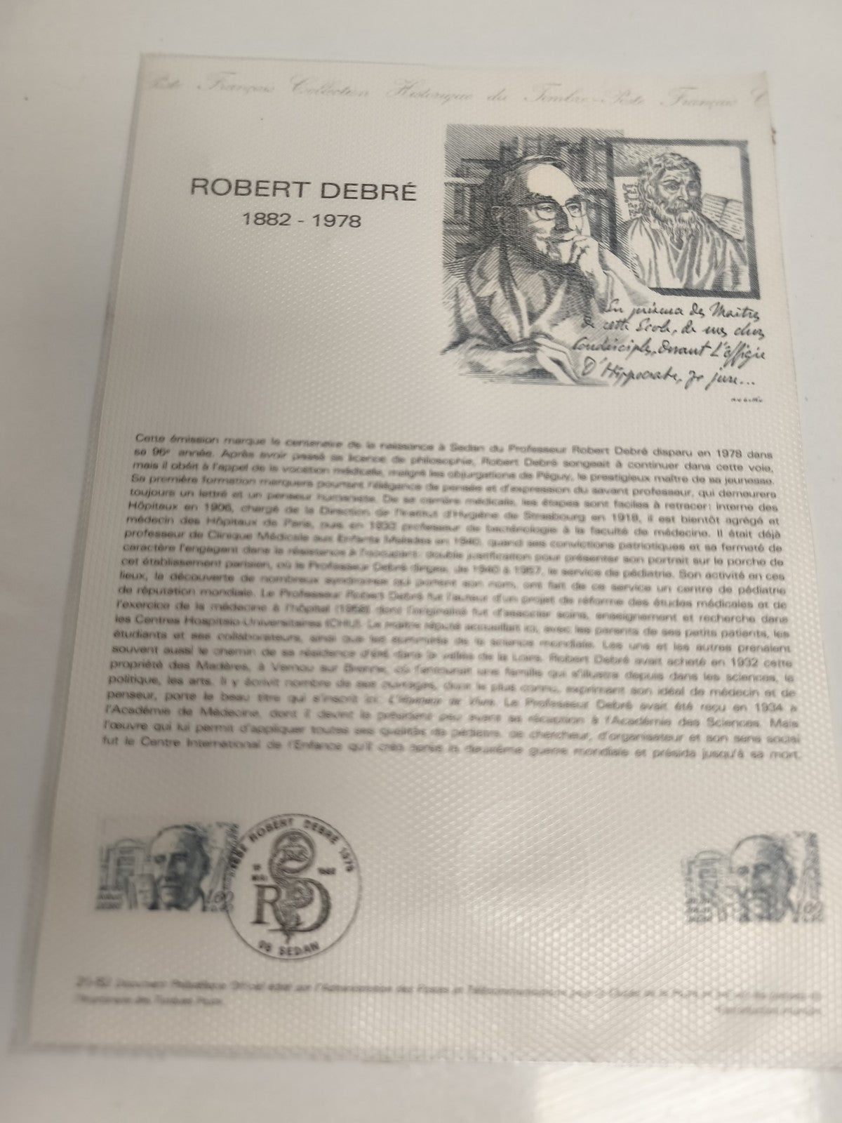 Feuillet philatélique Robert Debré 1882-1978 France ancien timbre commémoratif