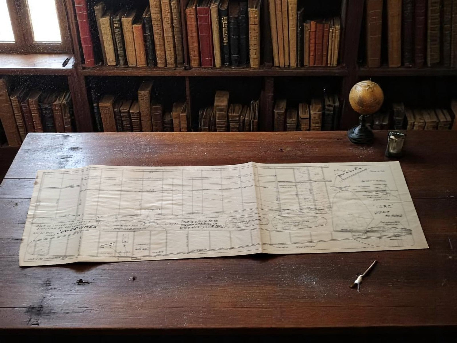 Plan avion ancien en bois, blueprint vintage déco bureau, schéma modélisme