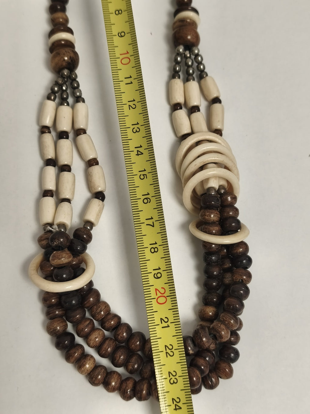 Collier ancien multi-rangs perles os et marron, ethnique vintage, gros maillons