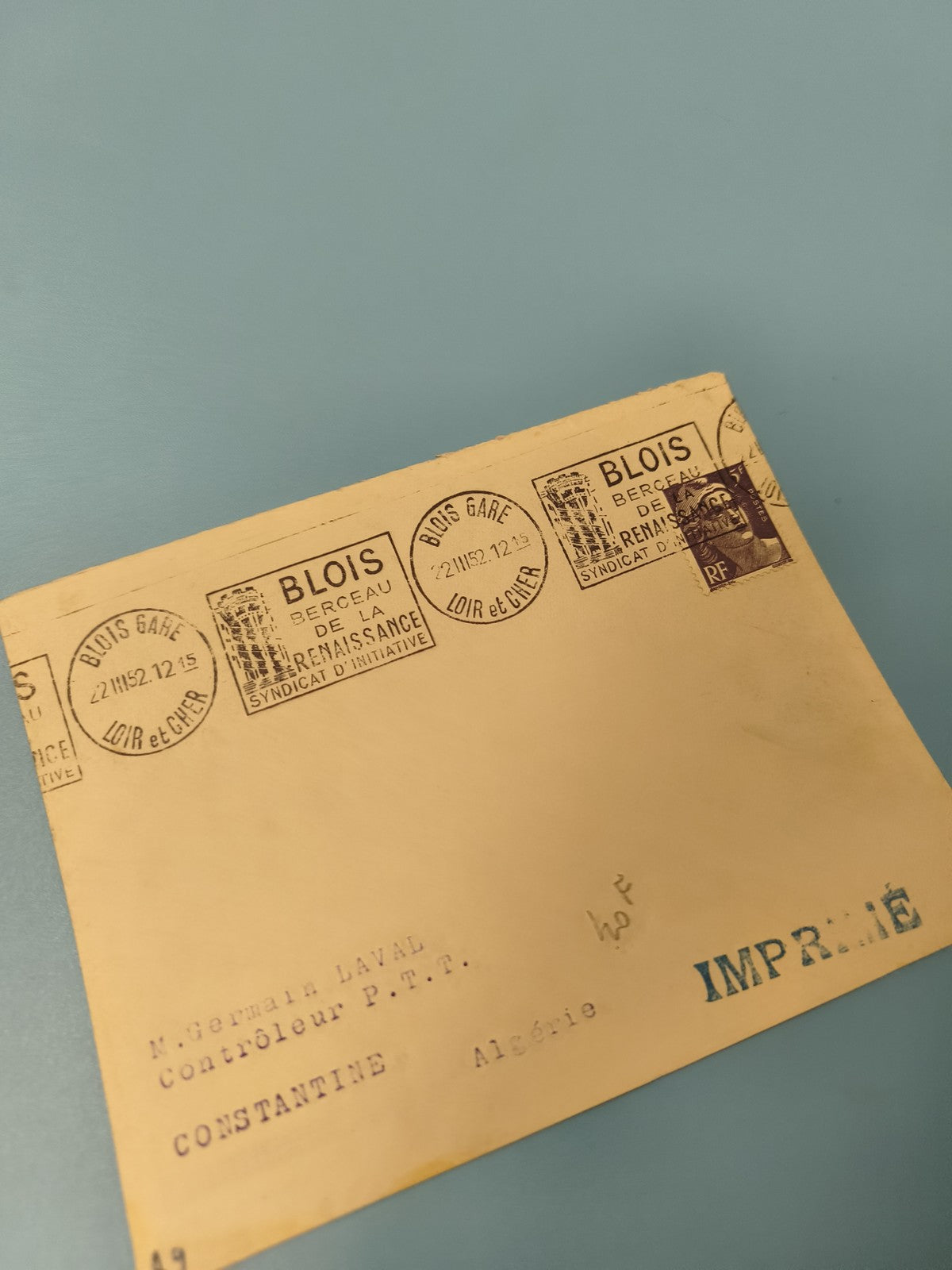 Ancienne enveloppe philatélie Blois cachets 1952 imprimé Algérie vintage