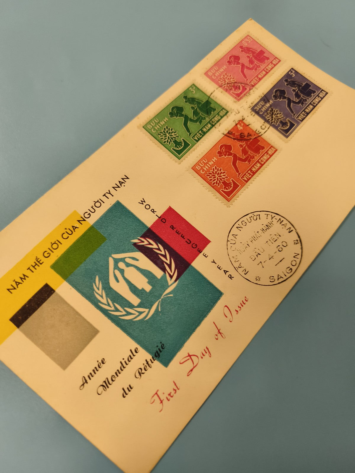 Ancienne enveloppe FDC Vietnam réfugiés 1960, timbres colorés, oblitérée