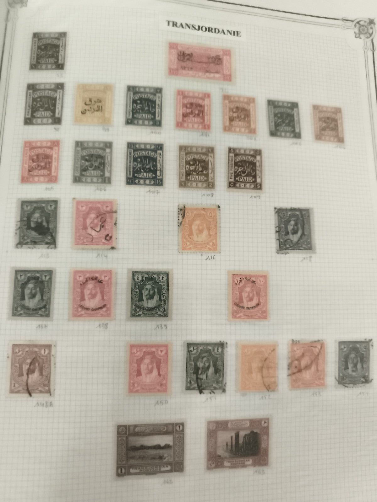 Timbres Transjordanie anciens oblitérés et neufs, motifs arabes et portraits