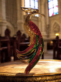 Broche vintage oiseau stylisé doré rouge vert - Bijou rétro fantaisie chic