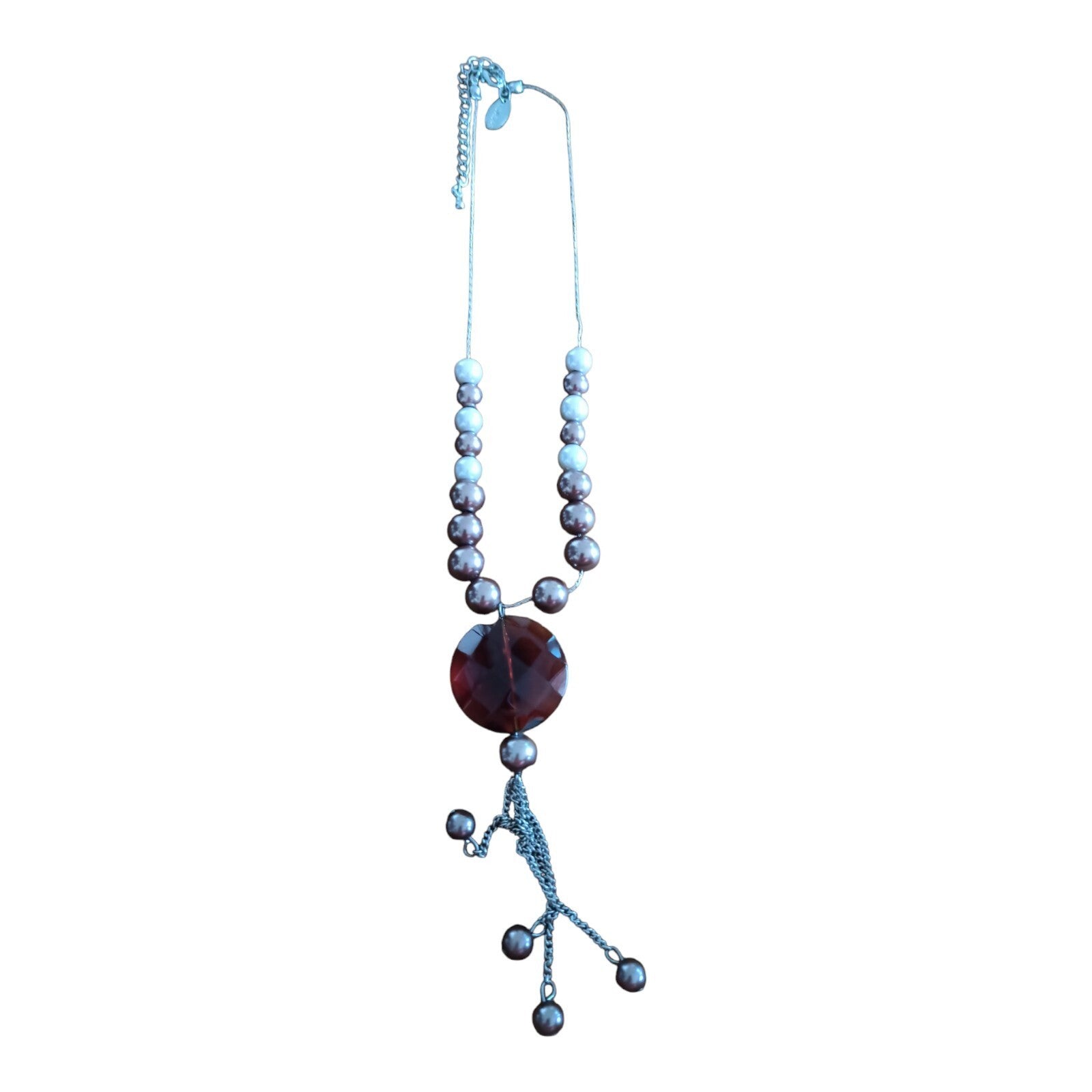 Collier vintage fantaisie signé perles et pendentif cristal rouge unique