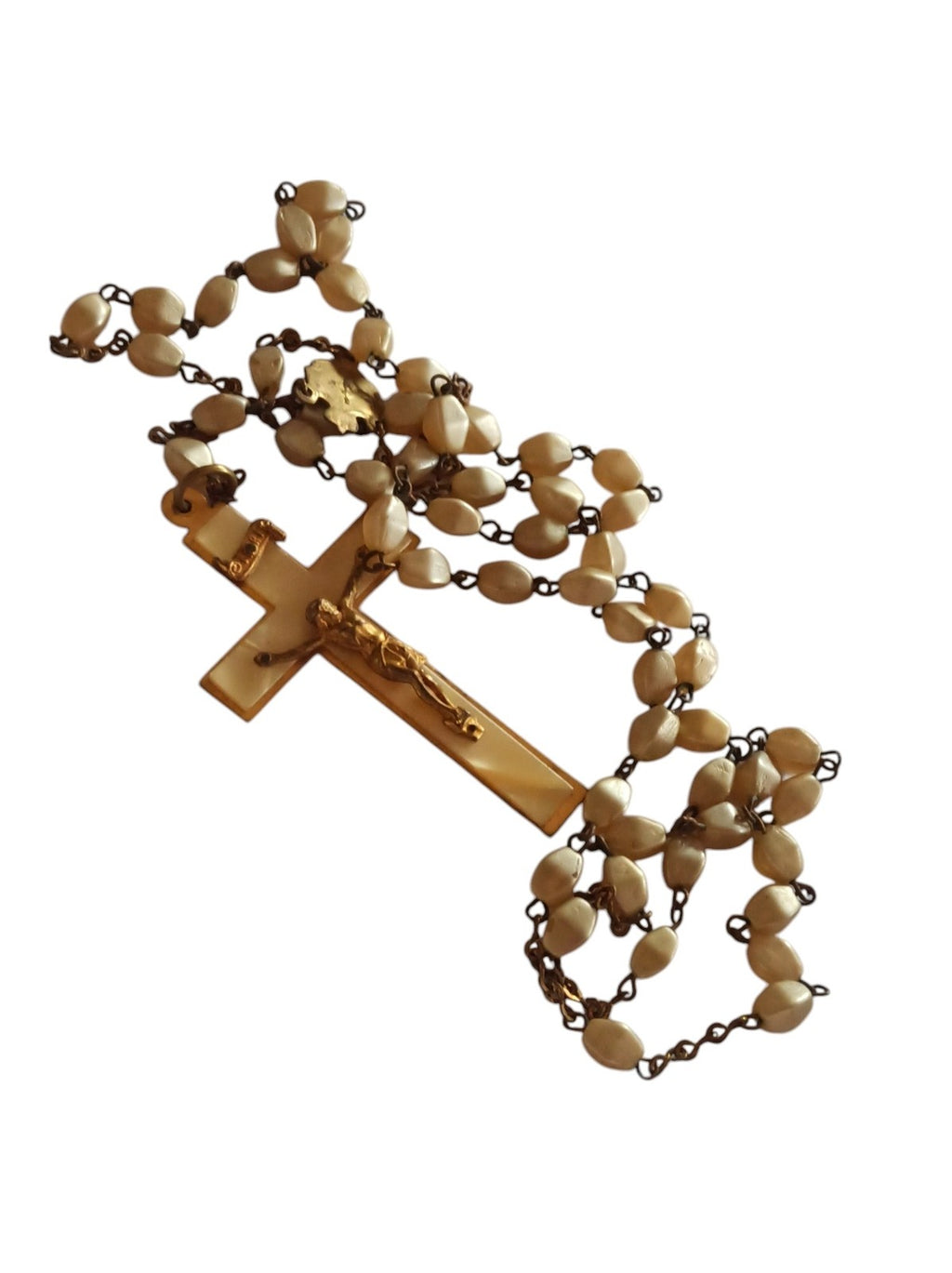 Chapelet ancien croix Christ nacre doré perles ovales religieux vintage