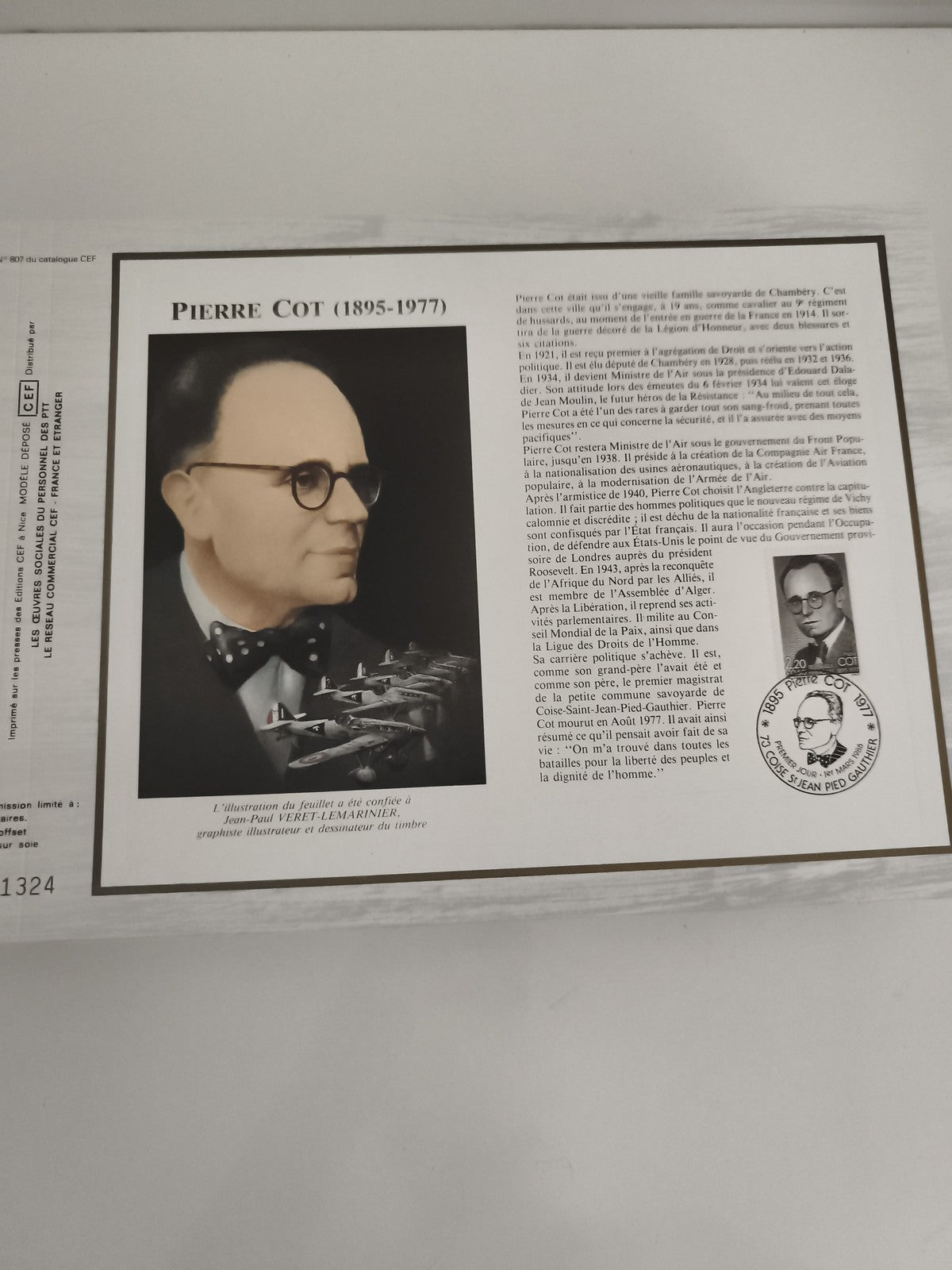 Feuillet CEF philatélie Pierre Cot 1895-1977 illustration aviation
